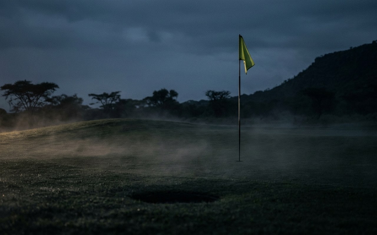 A golf green at dusk with a lit flag and acacia trees silhouetted on the horizon