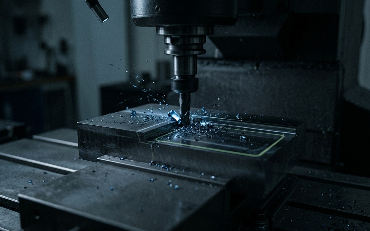 A CNC machine cutting a metal block, lit from one side in a dark workshop