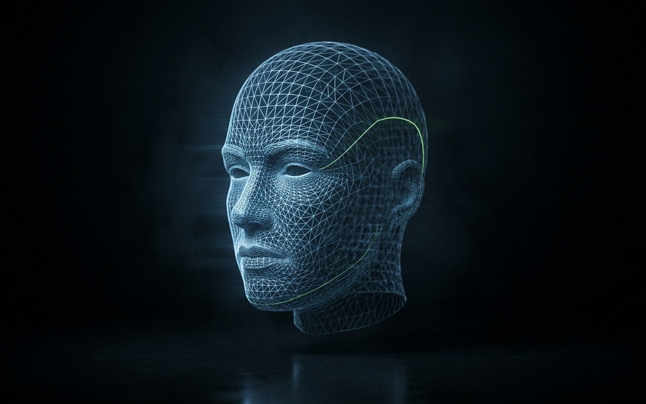 A human head drawn as a 3D wireframe mesh of thin lines, floating in darkness