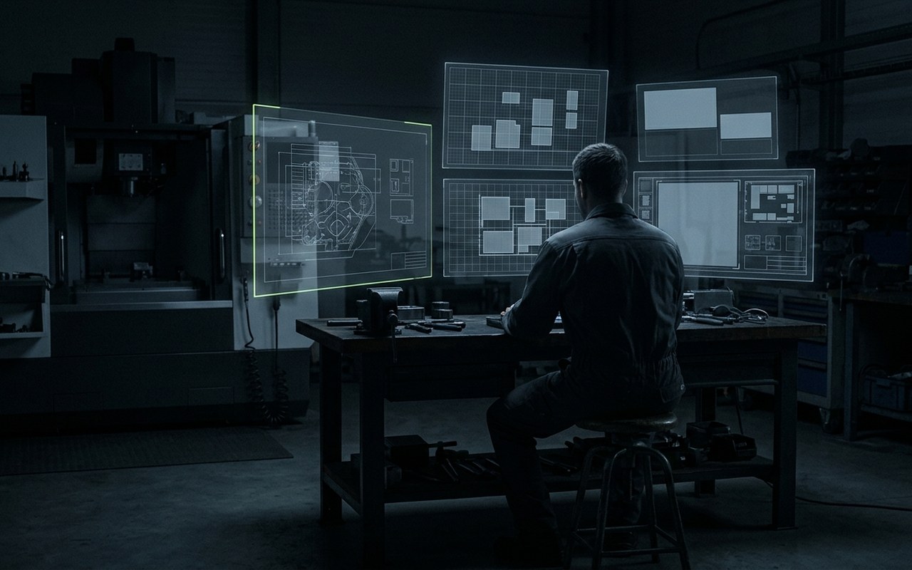 A figure seen from behind at a workbench, surrounded by large floating holographic panels