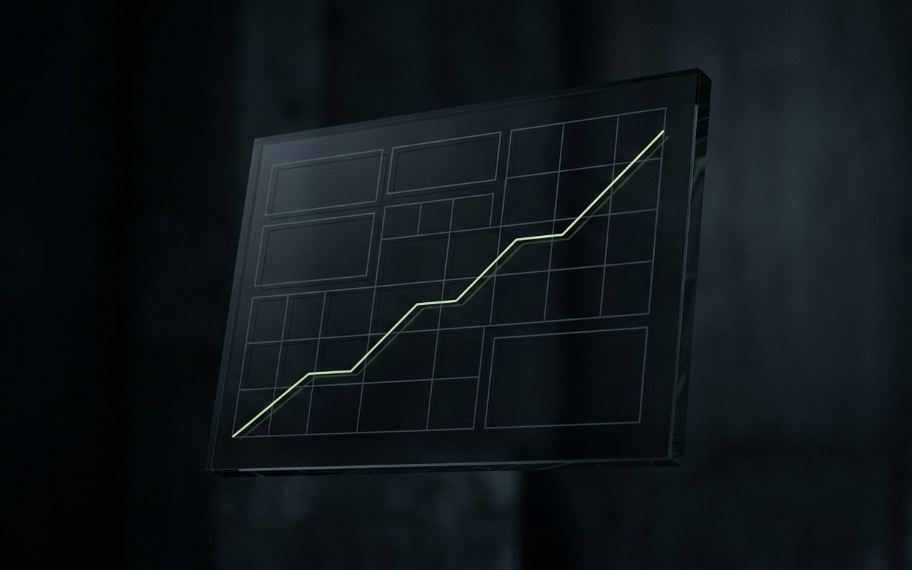 A slab of dark glass showing abstract chart geometry, floating in a dark room